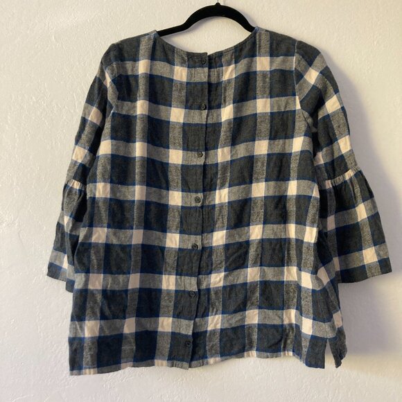 HATCH Plaid Long Sleeve Button Back Top Flannel Bell Sleeve Gray Size 1 (2-4) - Picture 5 of 9